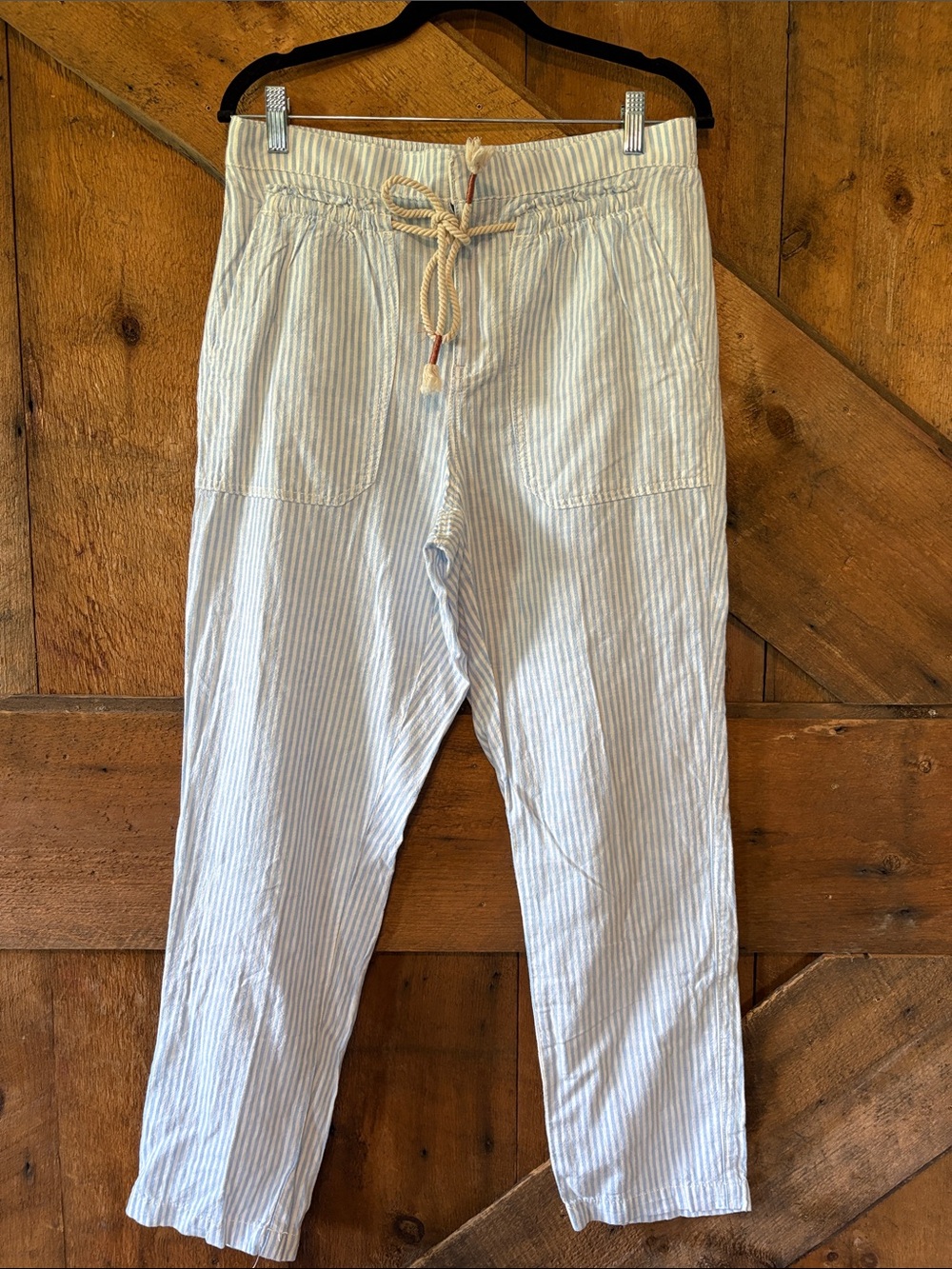 Anthropologie Light Blue White Striped Wide Leg Linen Blend Pants Small